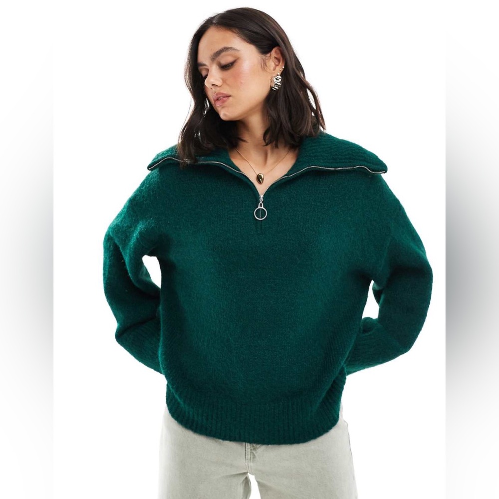 ASOS DESIGN zip neck jumper in fluffy yarn in dark green
